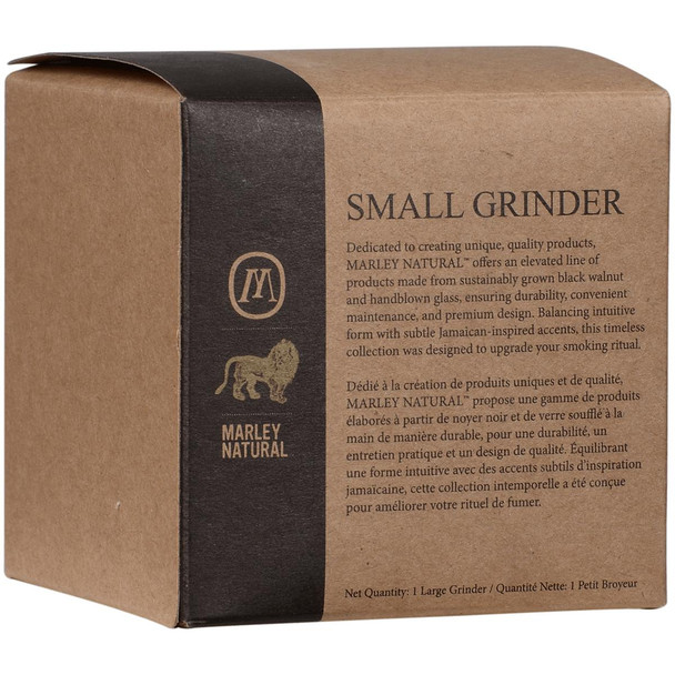 Marley Natural 2.3 inch Black Walnut Wood 3 Piece Grinder, product packaging showing a brown paper box with black label and logo, and detailed product description in English and French.