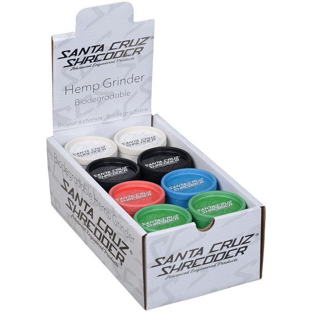 Santa Cruz Shredder 2.13" Hemp Asst. Colors Two Piece Grinder 24 Ct. Display, showing a display box with colorful biodegradable hemp grinders in various colors.