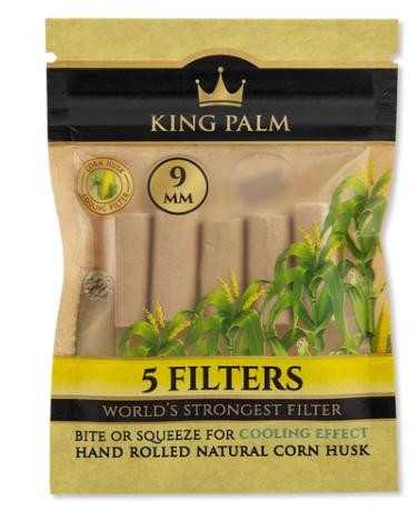 King Palm 5pk Corn Husk Filters 9mm - 24ct, product packaging with natural corn husk filters and green leaves illustration.