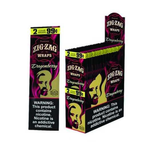 Zig Zag Wraps Dragon Berry 2 for 99c, packaging of two cigar wraps with vibrant pink, black, and yellow design featuring a stylized woman's face and a warning label about nicotine content.
