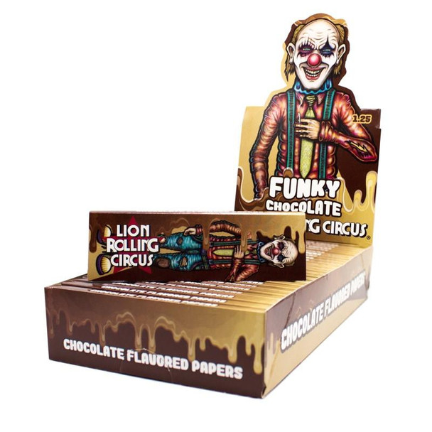 Lion Rolling Circus 1 1/4" Chocolate Rolling Papers, product image showing a box of chocolate flavored rolling papers with a clown illustration.