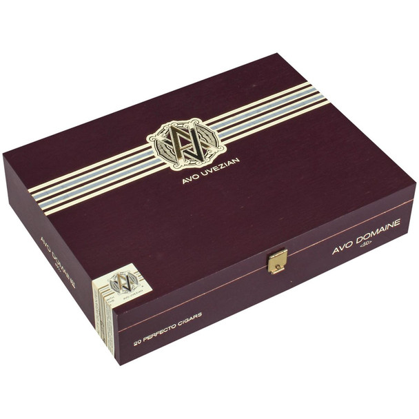 AVO Cigars Heritage Short Robusto 20 Ct. Box 4.00X56, luxurious dark maroon cigar box with gold and cream stripes and logo, showcasing premium cigar packaging.
