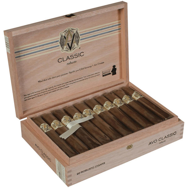 AVO Cigars Classic Robusto 20 Ct. Box, wooden cigar box containing twenty cigars with gold and black band labels.
