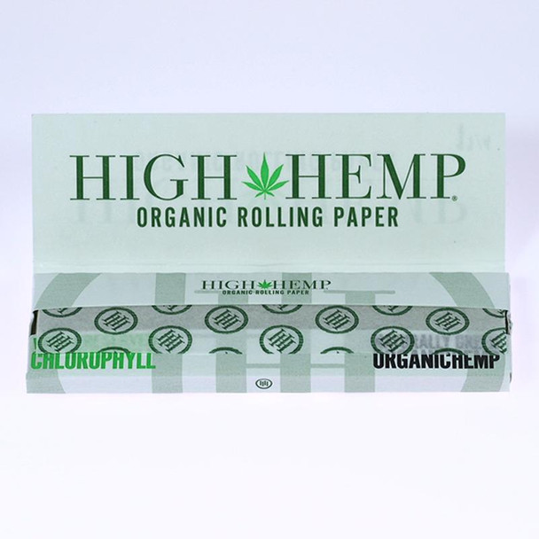 High Hemp Organic Rolling Paper, package of 1 1/4 size, 25/32 inches, featuring green and black text and logo on white background.