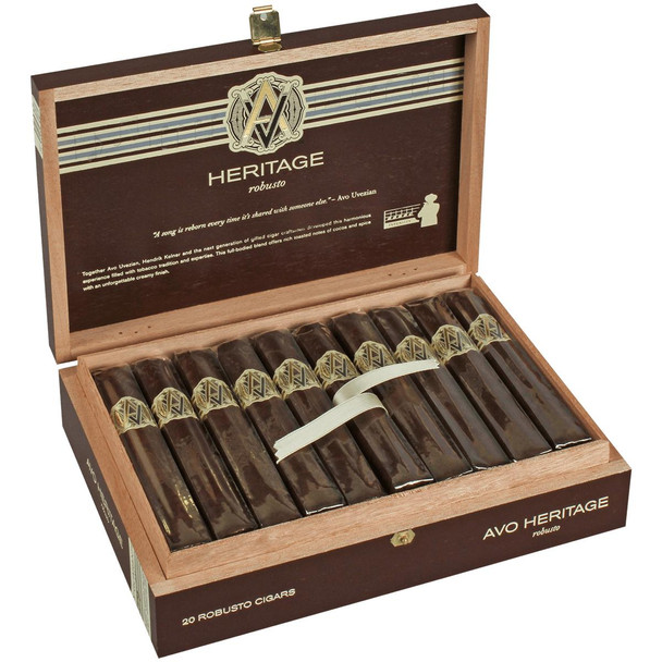 AVO Cigars Heritage Robusto 20 Ct. Box, open wooden humidor filled with individually wrapped cigars featuring gold and black labels.