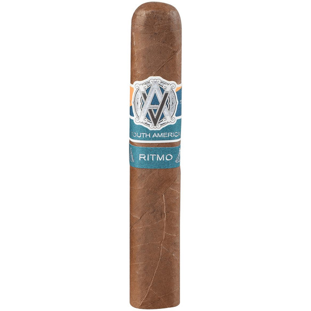 AVO Cigars Syncro Ritmo Robusto Tubos 20 Ct., a single Cuban cigar with a brown wrapper and a blue label featuring the brand logo and product information.