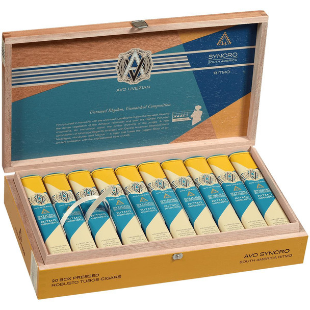 AVO Cigars Syncro Ritmo Robusto Tubos 20 Ct., a box containing 20 yellow and blue wrapped cigars with a detailed label, designed for premium cigar smokers.