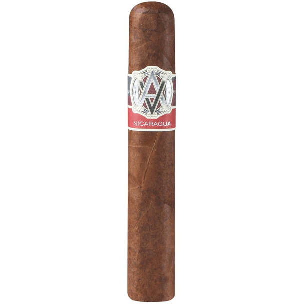 AVO Cigars Syncro Nicaragua Robusto 20 Ct. Box, close-up of a single cigar with its band featuring a silver and black logo and red label with the word 'Nicaragua'