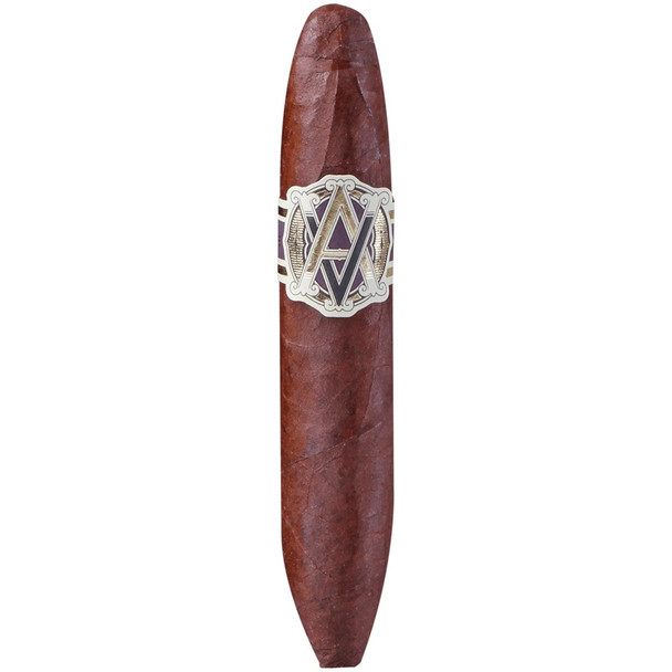 AVO Cigars Domaine <20> Short Perfecto 20 Ct. Box 4.63X50, cigar with a dark brown wrapper and an intricate, decorative band featuring the AVA logo.
