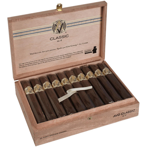 AVO Cigars Classic No. 6 Toro Grande 20 Ct. Box, a wooden cigar presentation box containing 20 cigars with gold label, open to show cigars inside.
