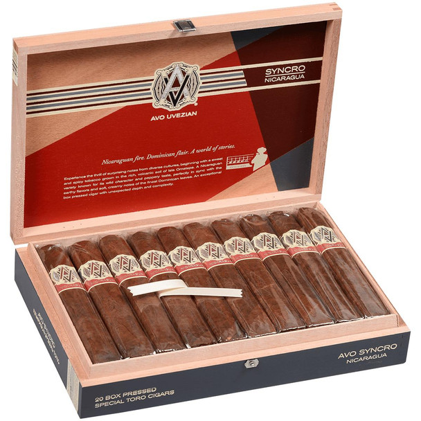 AVO Cigars Syncro Nicaragua Special Toro 20 Ct. Box, wooden box containing 20 cigars with band labeled AVO, inside lid features detailed description and branding.