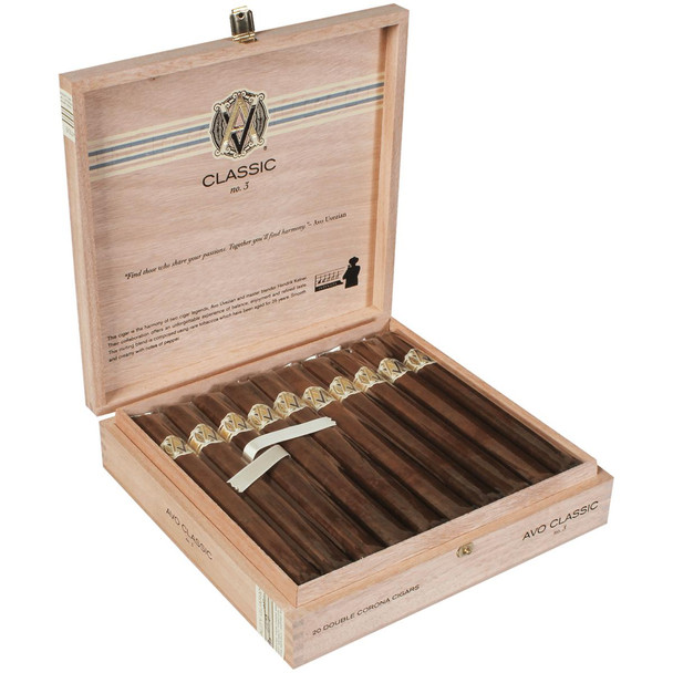 AVO Cigars Classic No. 3 Double Corona 20 Ct. Box, open wooden cigar box with 20 premium cigars inside, each with gold and black band, showcasing luxury cigar packaging.