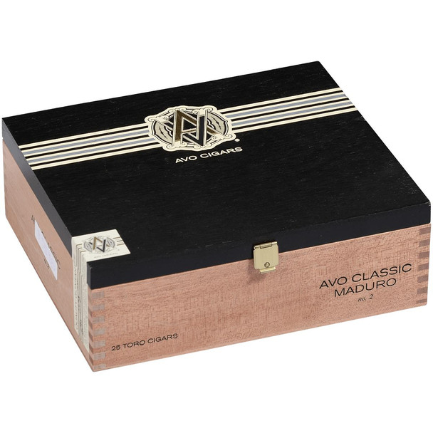 AVO Cigars Classic Maduro No.2 Toro 25 Ct. Box, black and natural wood cigar box with AVOCIGARS logo and label on the front.