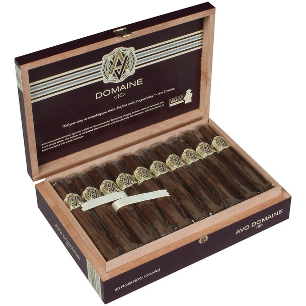 AVO Cigars Domaine <10> Robusto 20 Ct. Box 5.00X50, a wooden cigar box containing 20 premium cigars with gold and black labels, partially opened to reveal the cigars inside.