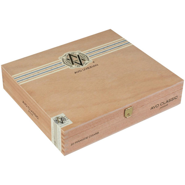 AVO Cigars Classic Piramides 20 Ct. Box, wooden cigar box with a clasp and the AVO logo, featuring a natural wood finish and striped design on the lid.