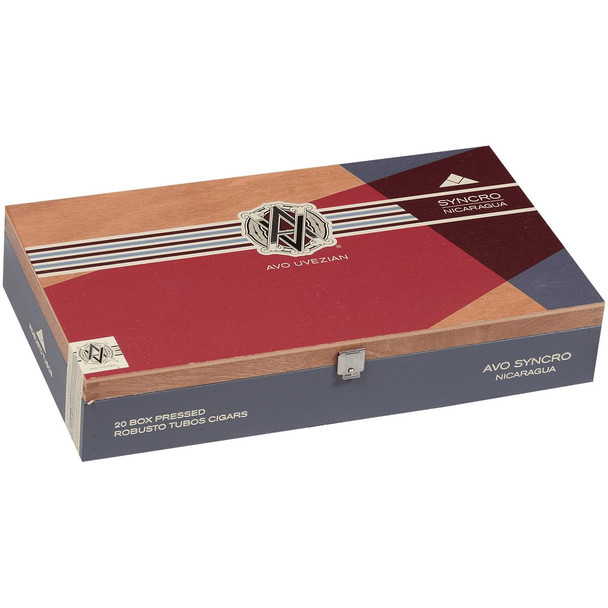 AVO Cigars Syncro Nicaragua Robusto Tubos 20 Ct. Box, rectangular wooden box with colorful branding and a metal latch, containing 20 pre-pressed robusto cigars.