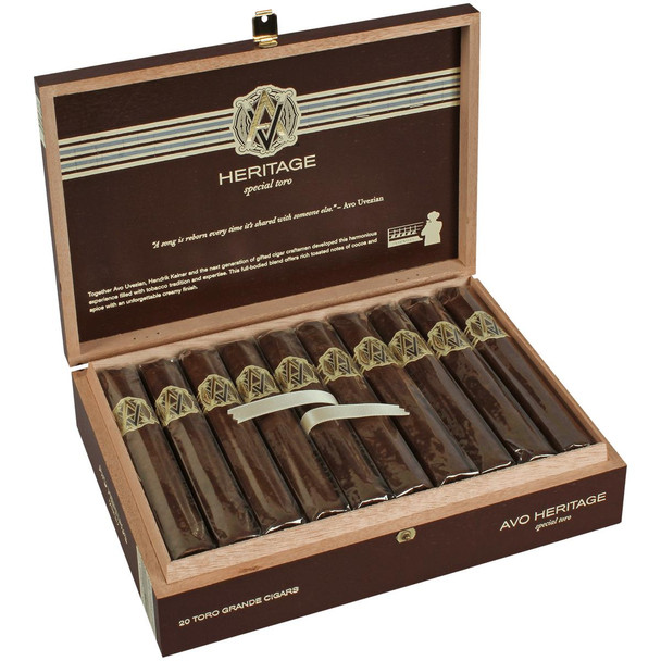 AVO Cigars Heritage Special Toro Grande 20 Ct. Box, a wooden box containing twenty cigars with gold and black band labels, open to reveal the cigars neatly arranged inside.