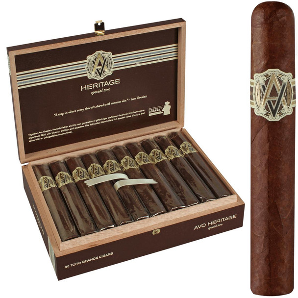 AVO Cigars Heritage Special Toro Grande 20 Ct. Box, a wooden cigar box containing twenty premium cigars with gold-embossed labels and an open lid displaying the cigars inside.