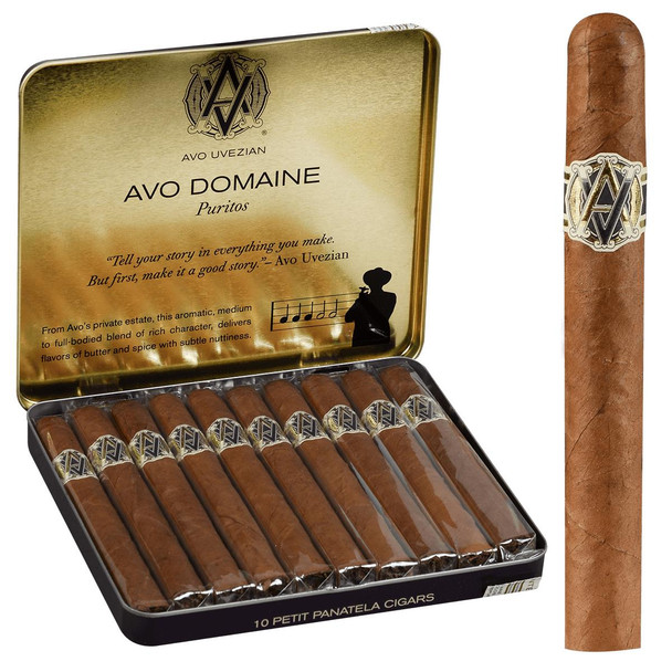 AVO Cigars Domaine Puritos 10/10 Tins 4.00X30, a box of premium cigars with a gold-colored lid inside a metal tin, featuring AVO branding and a silhouette of a man smoking.