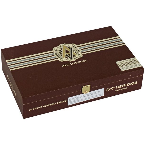 AVO Cigars Heritage Short Torpedo 20 Ct. Box 4.50X52, brown cigar box featuring gold and white logo and decorative stripes, with a latch closure.