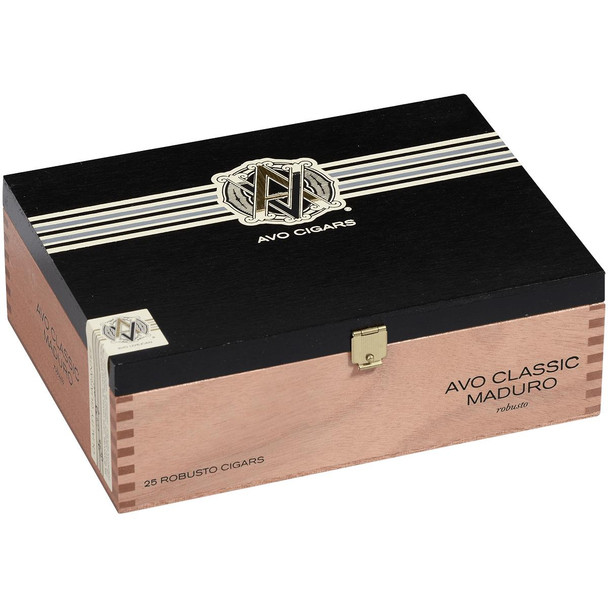 AVO Cigars Classic Maduro Robusto 25 Ct Box 5.00x50, a stylish wooden cigar box with a black lid, featuring the AVO logo and product details in elegant text.