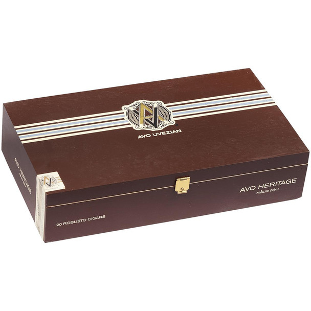 AVO Cigars Heritage Robusto Tubos 20 Ct. Box 4.87X50, a rectangular cigar box made of wood with a dark brown finish, featuring a decorative logo and the text 'AVO Heritage' on the front.