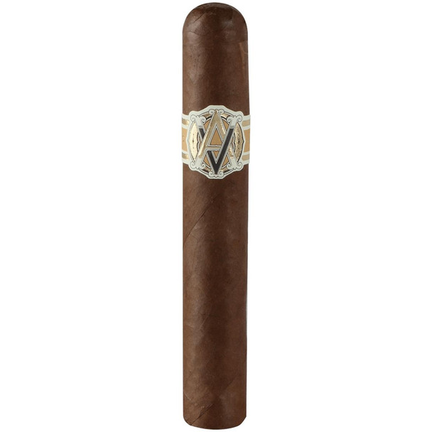 AVO Cigars Classic Robusto Tubos 4 Ct. Box 5.00X50, cigar with a smooth brown wrapper and a decorative band featuring the AVA logo.