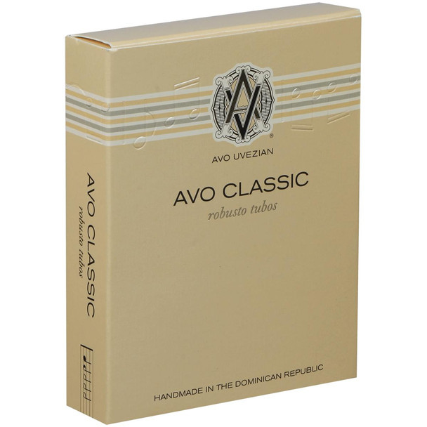 AVO Cigars Classic Robusto Tubos 4 Ct. Box 5.00X50, beige cigar box with AVO logo, designed for premium cigars, handmade in the Dominican Republic.