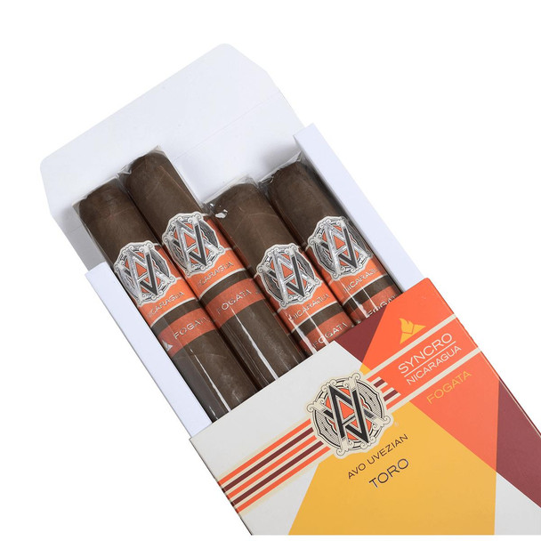 AVO Cigars Syncro Fogata 4 Ct. Pack, image of a box containing four cigars wrapped in dark brown tobacco leaves with a descriptive label.