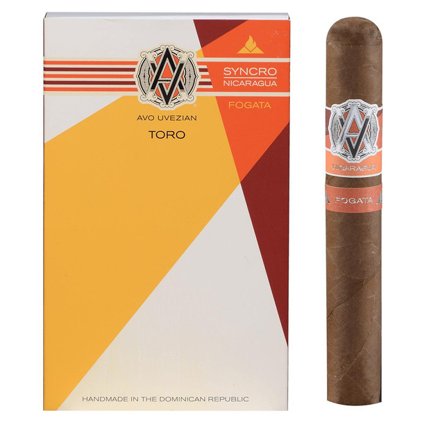 AVO Cigars Syncro Fogata 4 Ct. Pack, image of a pack of four cigars with a single cigar standing upright, featuring a dark brown wrapper and a distinctive band with the AVO logo.