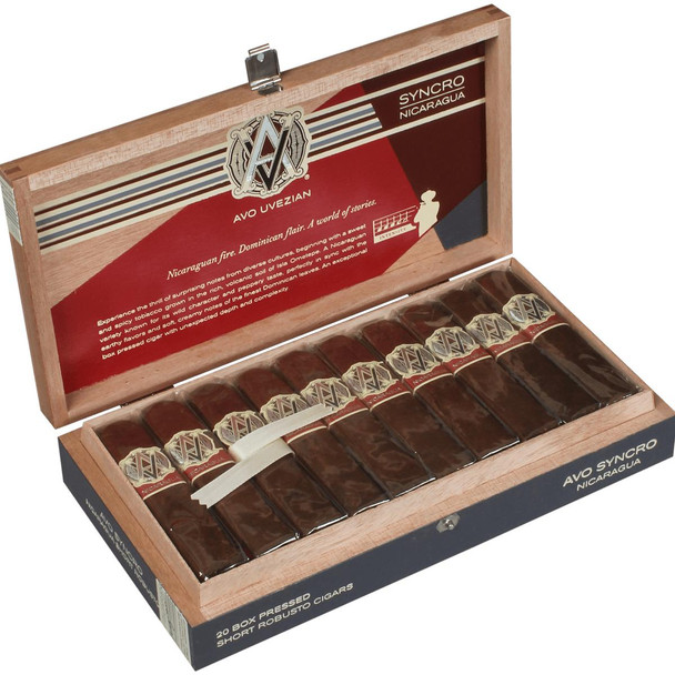 AVO Cigars Syncro Nicaragua Short Robusto 20 Ct. Box 4.00X52, open wooden cigar box displaying neatly arranged cigars with labels.
