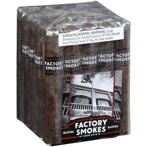 Factory Smokes Cigars Maduro Gordito 25 Ct. Bundle 6.00x60, a pack of six rows of cigars wrapped in clear plastic, featuring a label with a black-and-white illustration of a historic building and a warning label about health risks.