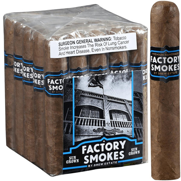 Factory Smokes Cigars Sungrown Robusto 25 Ct. Bundle, close-up of the cigars with a warning label, featuring the factory packaging and branding.
