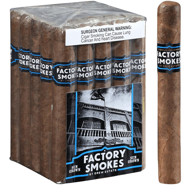 Factory Smokes Cigars Sungrown Toro 25 Ct. Bundle, premium handmade cigars with sun-grown tobacco in a pack with a warning label, featuring a black and white building illustration on the packaging.