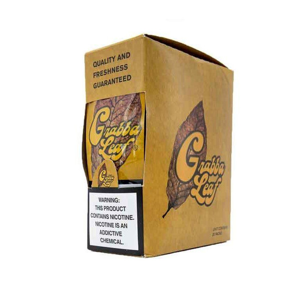 Grabba Leaf Tobacco Grabba Leaf Yellow Cigar Wraps 25ct, a box of tobacco wraps with bold branding and warning label.