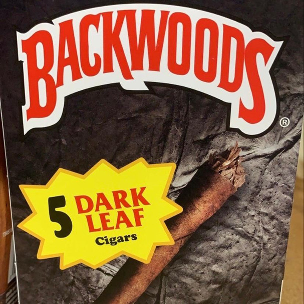 Backwoods Dark Leaf Cigars 8/5 Ct., package with dark leaf cigar and bold red and yellow labeling
