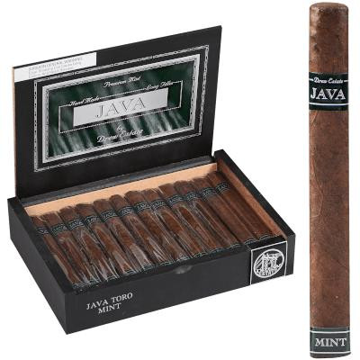 Drew Estate Java Cigars By Drew State Mint Toro 24 Ct. Box, open box displaying 24 cigars with the outside featuring a dark wrapper and the individual cigar with a blue and black band reading Java Mint.