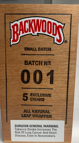 Altadis Backwoods Cigars Small Batch 001, wooden cigar box with red and black branding and label details.