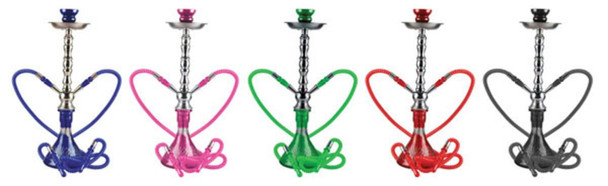 Zelda Premium Hookah Pipe - 20 inch, 2-Hose, colorful hookah pipes in blue, pink, green, red, and black with varying colors, versatile shisha accessory for smoking enjoyment.