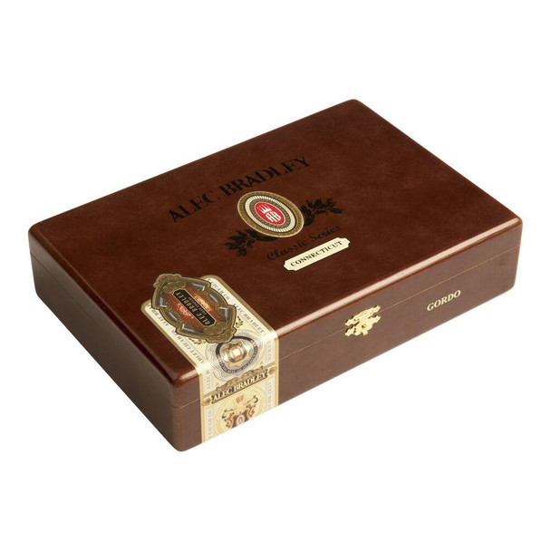 Alec Bradley Cigars Classic Series Habano Gordo 20 Ct Box, brown wooden cigar box with gold and red branding and labels.