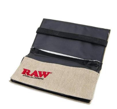 RAW Smoking Wallet, a compact and portable wallet designed to carry rolling essentials and cigarettes with a stylish black and beige design.