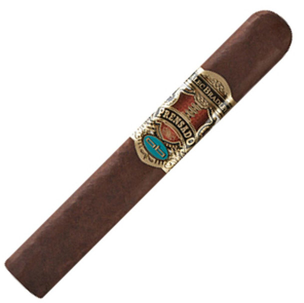 Alec Bradley Cigars Prensado Corona Gorda 24Ct. Box, a single cigar with a brown wrapper and a decorative gold and red band.