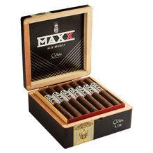 Alec Bradley Cigars MAXX Culture 20Ct. Box, image of an open wooden cigar box containing 20 cigars with black and gold labels