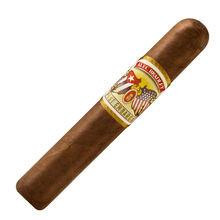 Alec Bradley Cigars Post Embargo Robusto 20 Ct. Box, close-up of a single cigar with a gold and red band, cylindrical shape, featuring a smooth brown wrapper.