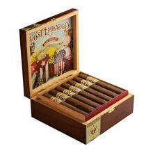 Alec Bradley Cigars Post Embargo Robusto 20 Ct. Box, an open wooden cigar box containing 20 cigars with colorful labeling, displayed for premium cigar collection.