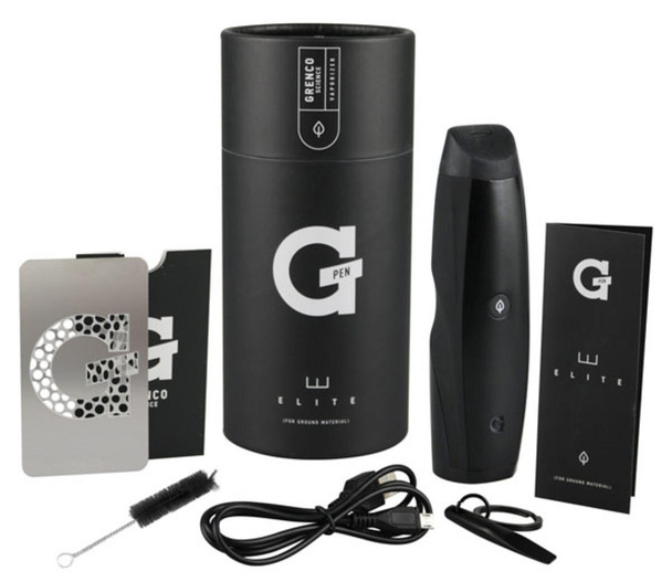 G-Pen G Pen Elite Dry Herb Vaporizer, sleek black portable vaporizer with accessories including brush, USB charging cable, and instruction manuals.