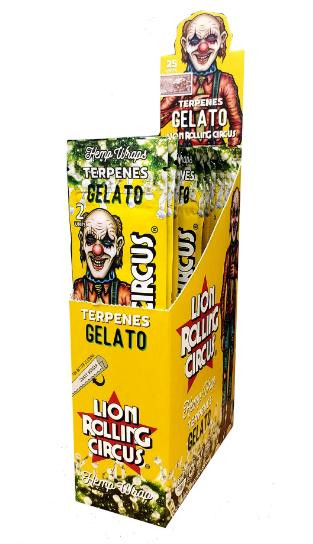 Lion Rolling Circus Hemp Wraps Premium Terpene Infused Gelato 25/2, colorful display of hemp wraps with a clown theme packaging featuring a smiling clown and vibrant yellow and green colors.