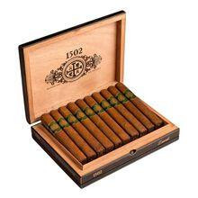1502 Cigars Emerald Conquistador 20Ct. Box, open wooden cigar box displaying 20 cigars neatly arranged inside.