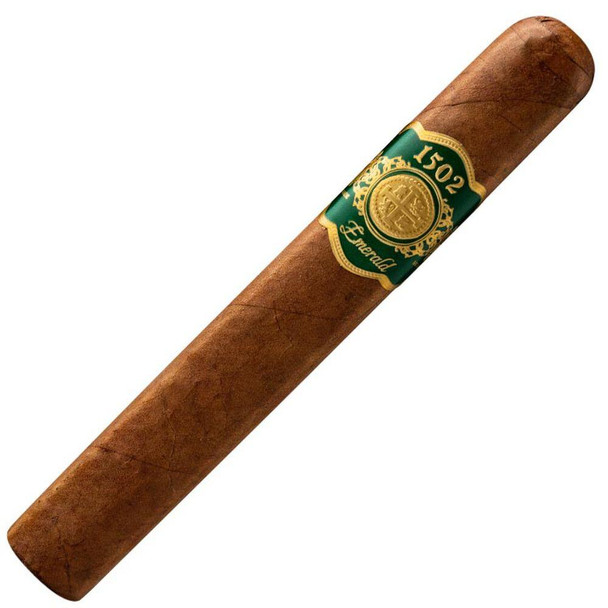 1502 Cigars Emerald Conquistador 20Ct. Box, a single cigar with a brown wrapper and green and gold band.