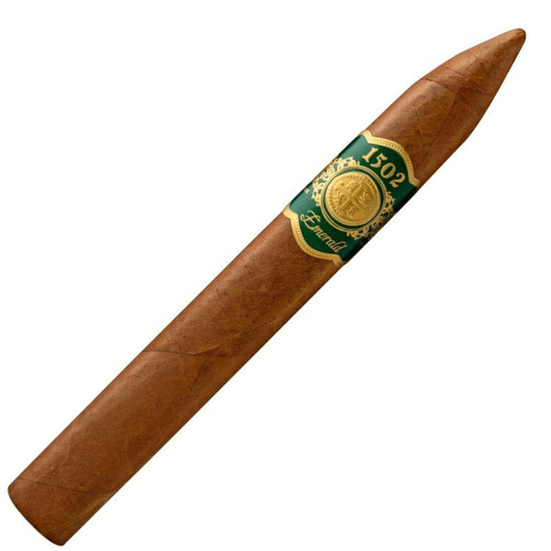 1502 Cigars Emerald Torpedo Box Pressed 20 Ct, a single cigar with a torpedo shape and a green and gold band.
